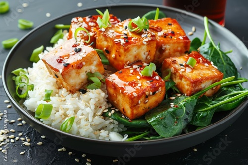 Healthy vegetable dish with fried Asian tofu rice spinach and beansprouts in sweet chilli glaze