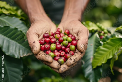 Arabica coffee berries held by hands of a cultivator seen up close