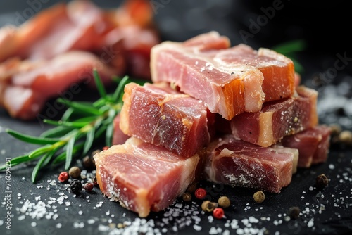 Salted bacon chunks on dark backdrop enhanced with pranami seasonings
