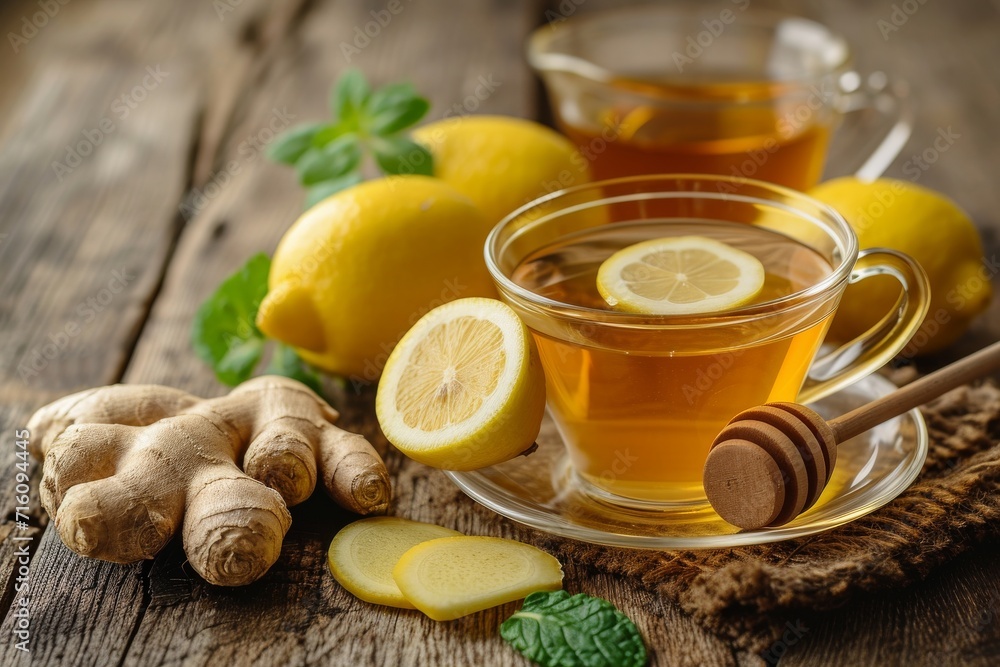 Traditional cold remedies include honey lemon ginger and a cup of tea on a wooden table Traditional cold remedies include honey lemon ginger and a cup of tea on a wooden table