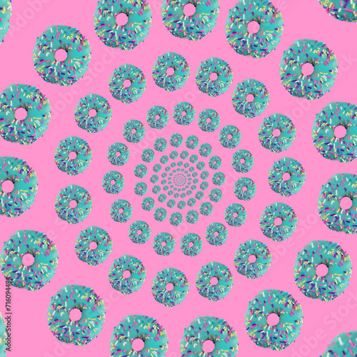 Donuts with sprinkles spiraling on a pink background