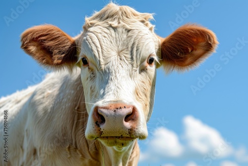 Close up photo of a cow in grass under a blue sky © The Big L