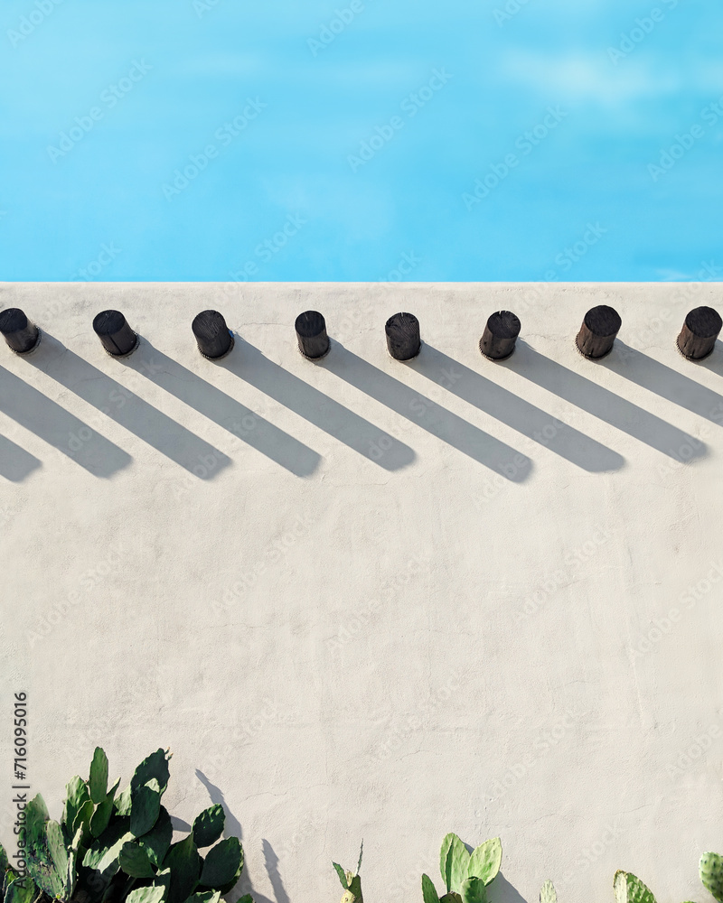 Fototapeta premium Long shadows on an adobe wall with cactus