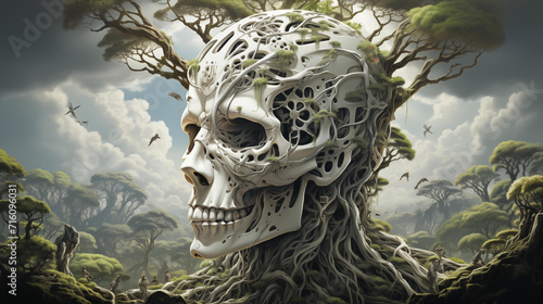 A surreal and intricate artwork where a colossal skull merges with a lush forest landscape  under a dynamic sky. 