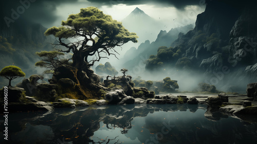 A tranquil mountain lake reflects ancient, twisted trees amidst misty peaks, creating a scene of profound natural serenity. 