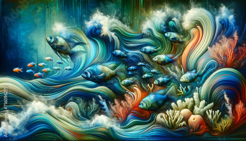 Abstract Artistic Sea Wave. Abstract and colourful representation of sea waves with marine life.