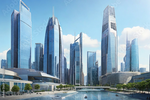 Dazzling Financial Hub. Cityscape with iconic business buildings and banking institutions. A vibrant representation of economic prowess and urban success.