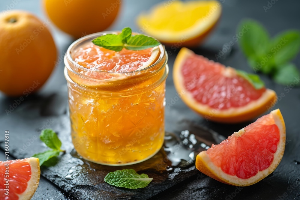 Homemade grapefruit orange gelatin dessert in a glass jar on a black slate background Healthy low fat low calorie meal Homemade grapefruit orange gelatin dessert in a glass jar on a black slate background Healthy low fat low calorie meal