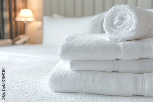White towels on white bed at hotel with close up and selective focus © LimeSky