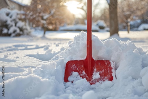 snow shovel positioned in the snow