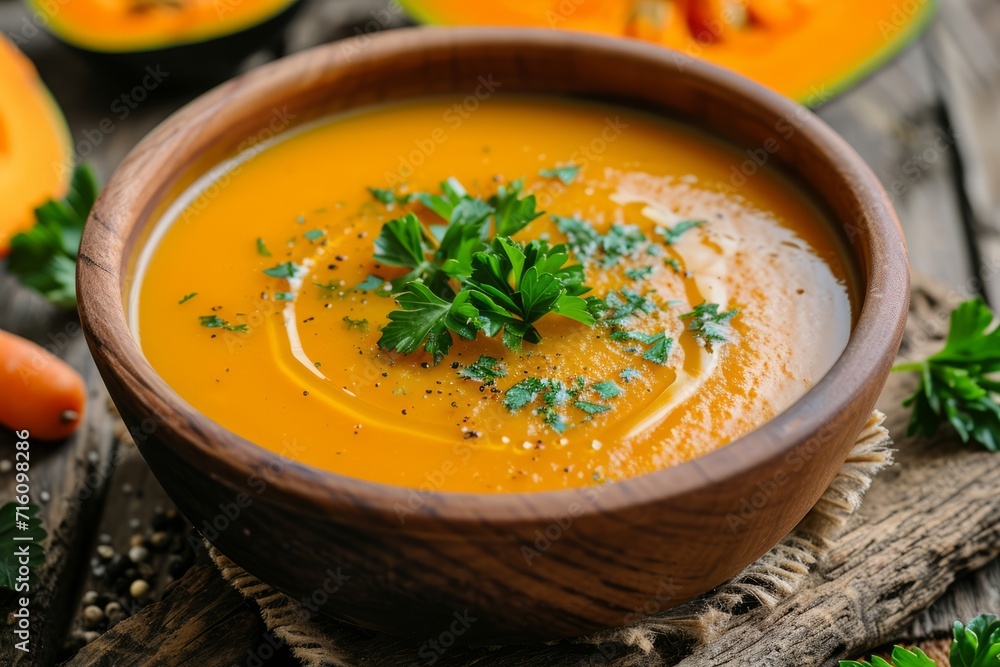 Autumn dish Spicy pumpkin and carrot soup served on wooden table with parsley garnish Autumn dish Spicy pumpkin and carrot soup served on wooden table with parsley garnish