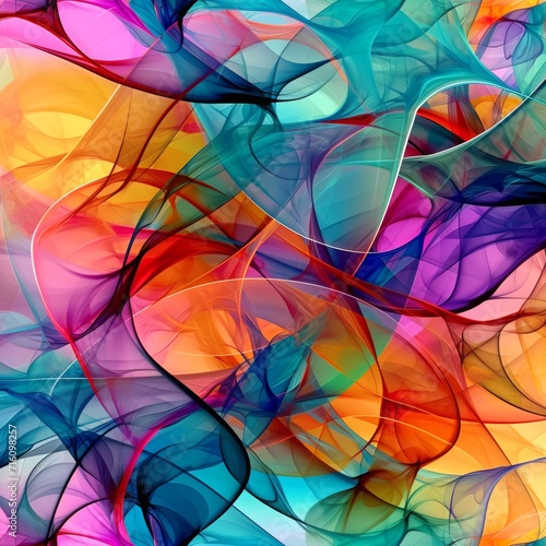 Abstract composition of layers of vibrantly-colored translucent flowing shapes