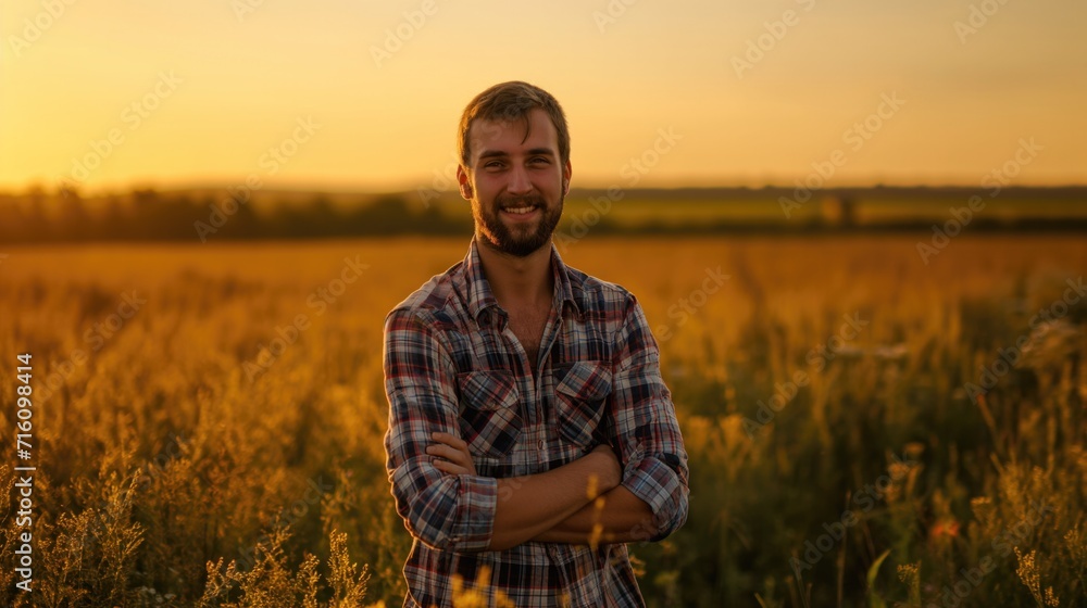 Smiling young farmer in their field on a summer evening.