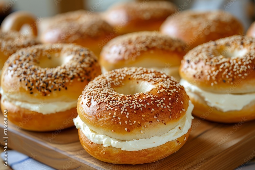 Breakfast with cream cheese on freshly baked sesame seed and plain bagels
