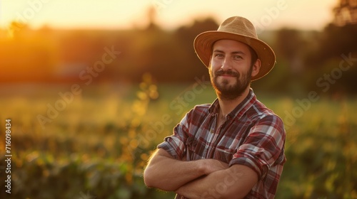Smiling young farmer in their field on a summer evening.