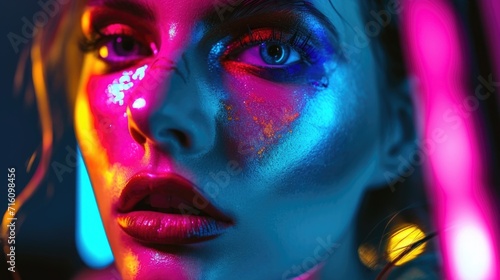 A makeup artist expertly applies vivid neon colors to a models face creating a striking makeup look to complement the electric fashion
