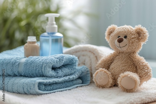Childcare concept with baby care accessories towel teddy bear and shampoo bottles