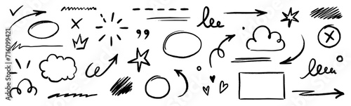 Line text highlight, hand drawn pen brush marker vector. Line text underline, emphasis, star, arrow mark element. Hand drawn stroke, crown, love heart, pencil swoosh shape. Vector illustration.