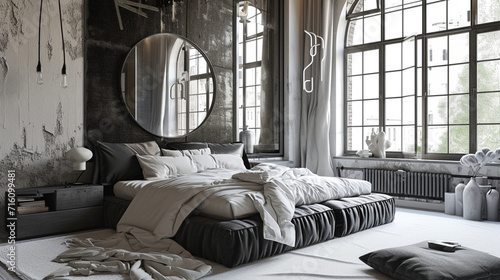 Luxury bedroom interior with minimal decor, loft style . Ai Generative photo
