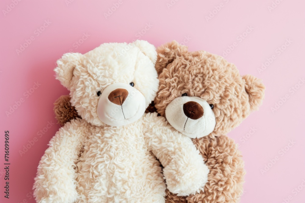 Two fluffy teddy bears one white and one brown cuddle on a vintage pink background in a top down view