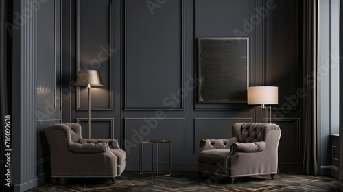 Luxury living room in dark color. Gray paint walls, warm light and lounge furniture. Ai Generative