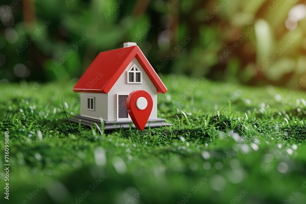 3D illustration of a house symbol with a location pin icon on earth and green grass representing real estate sale or property investment buying new home for fa