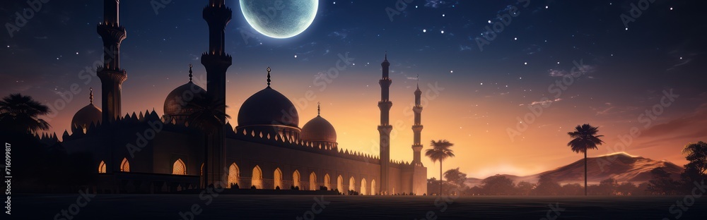 Domed mosque at night with moonlight, background illustration copy space Islamic holidays and the month of Ramadan.	