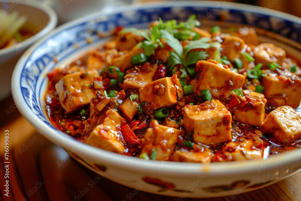 Sichuan cuisine s MaPo Tofu a spicy stir fried tofu dish captured through food photography Sichuan cuisine s MaPo Tofu a spicy stir fried tofu dish captured through food photography
