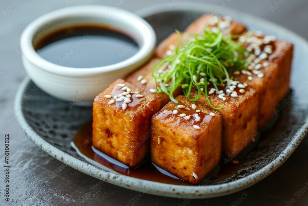 Vegan and vegetarian style dish fried tofu white sesame teriyaki sauce