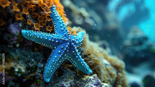 A neon blue starfish clinging to the side of a coral reef its radiant color standing out against the bright sea