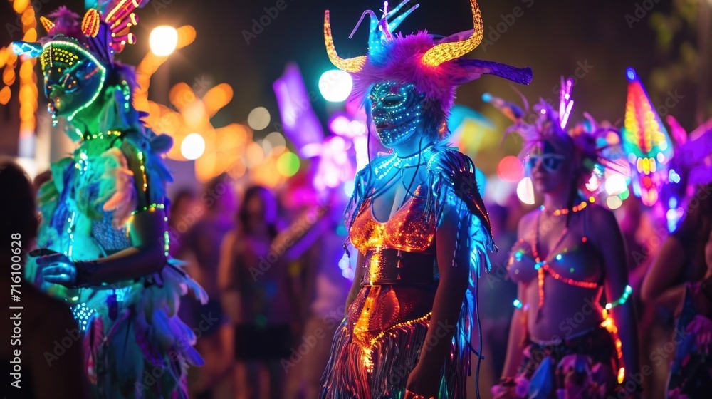 A group of neon stilt walkers dressed as whimsical creatures delight the crowd with their playful antics - obrazy, fototapety, plakaty 