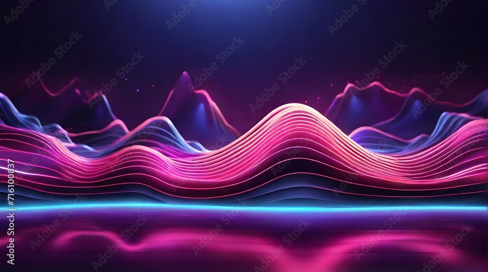 3d render, abstract panoramic background with pink blue wavy lines. Glowing neon light, impulse, chart, ultraviolet spectrum, Laser show, pulse power lines, abstract background