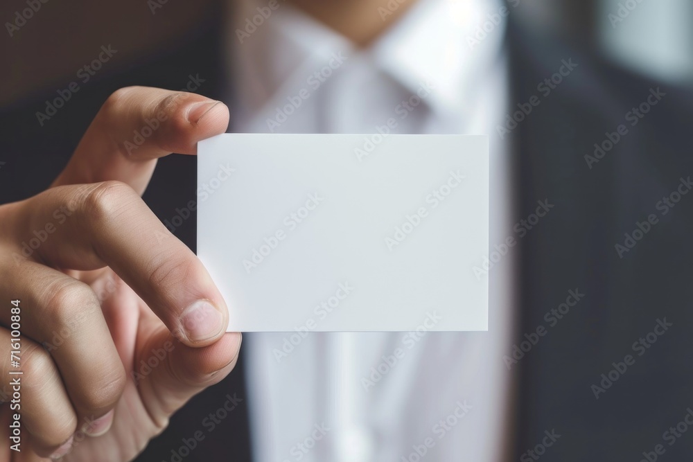 Male hand holding a blank business card. Generative AI. Male hand holding a blank business card. Generative AI.