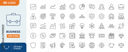 Business Icons set. Contains icons related of business : economic, graph, management, document, business, analysis, tools, and more. Editable stroke. Vector illustration