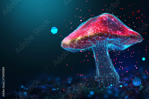 Mushroom digital study concept, hologram made of dots. Background with selective focus and copy space