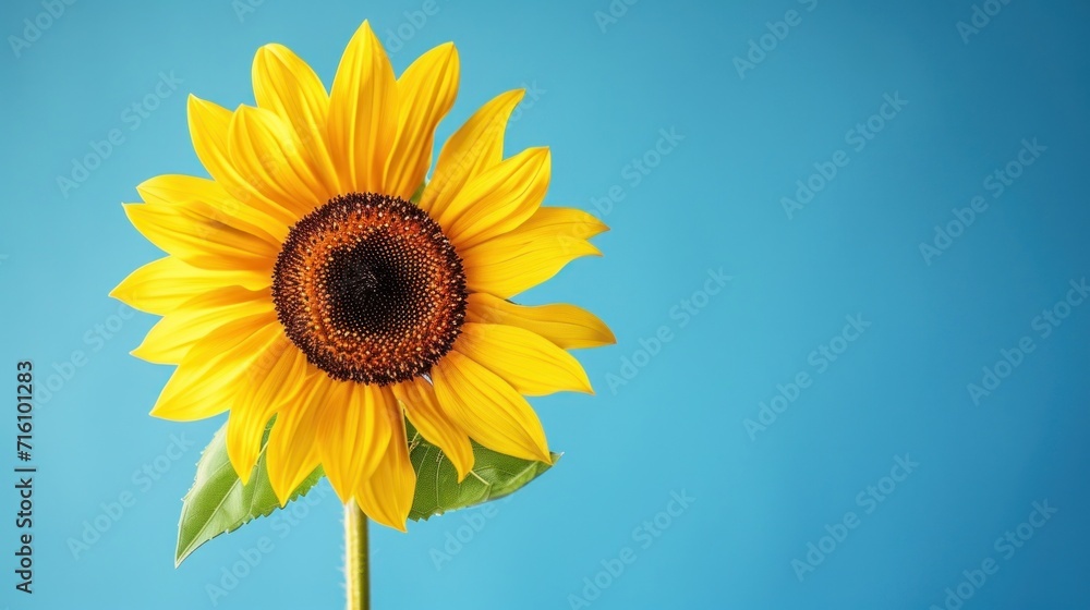 Fototapeta premium Single sunflower blue color background. Generative AI.