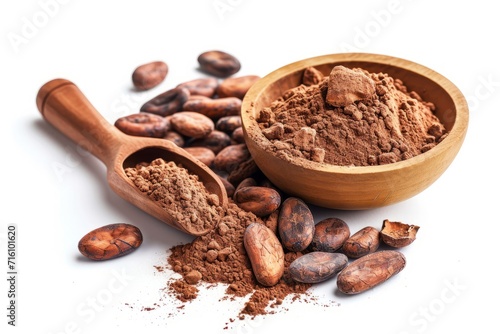 Delicious cocoa powder and beans on white background