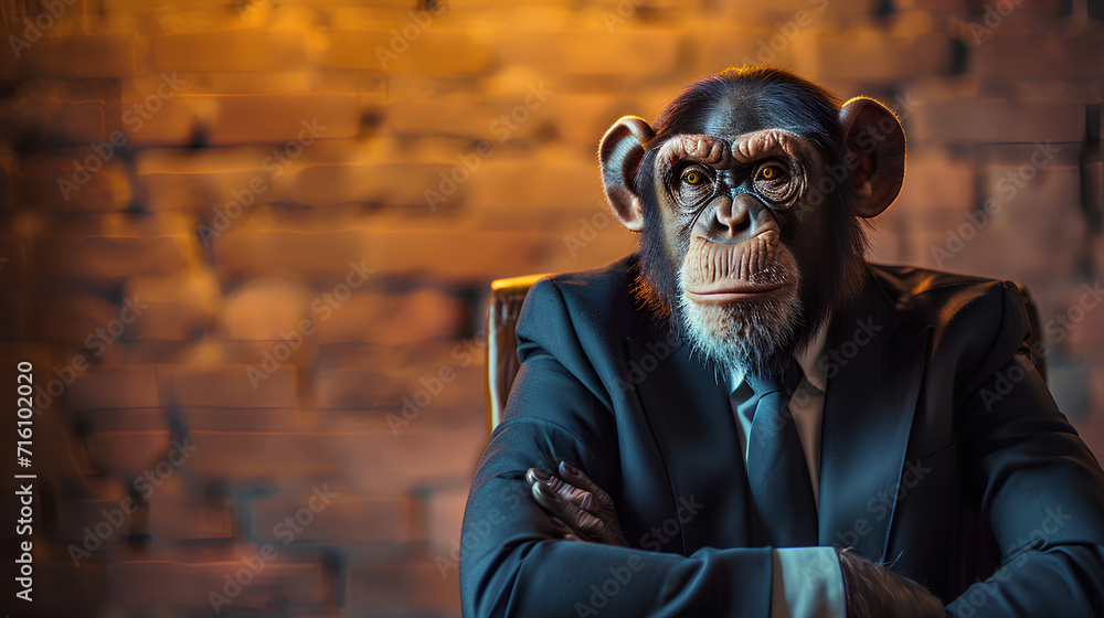 Businessman monkey sitting seriously in his office Businessman monkey sitting seriously in his office