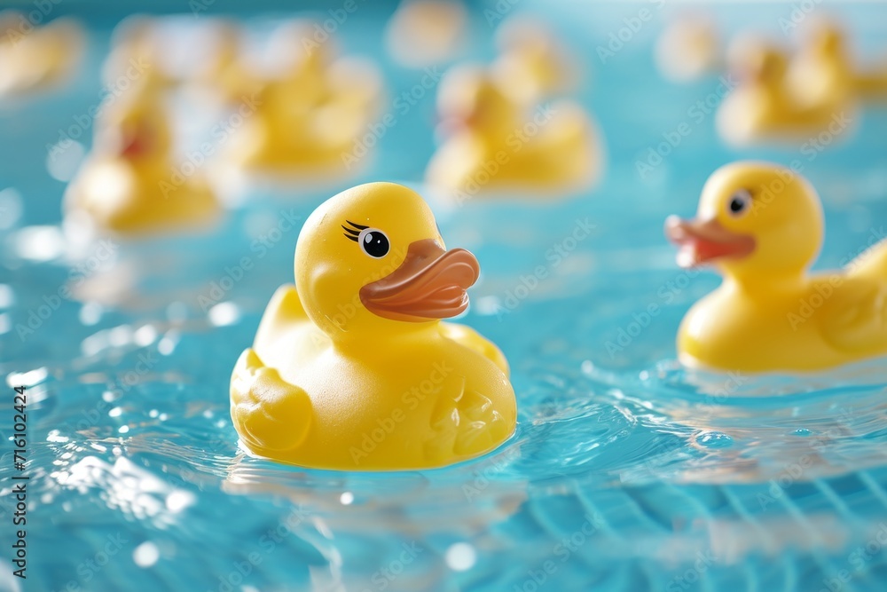 Numerous yellow rubber ducks float in the pool Numerous yellow rubber ducks float in the pool