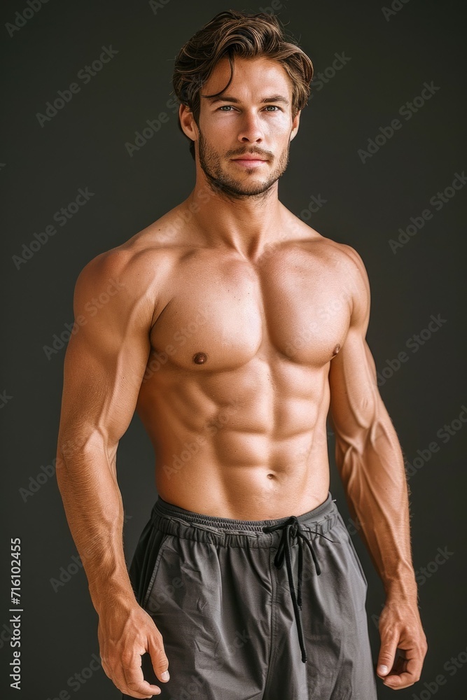 Brutal man with pumped up muscles, vertical portrait. Background with selective focus and copy space Brutal man with pumped up muscles, vertical portrait. Background with selective focus and copy space