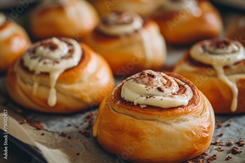 Cinnabon buns with cream sauce on paper after baking