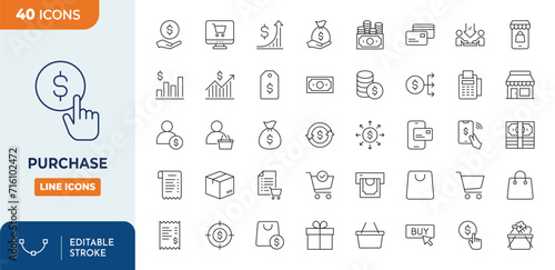 Purchase Icons set. Contains icons related of payment: order, seller, buy online, price, and more. Editable stroke. Vector illustration