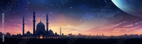 Domed mosque at night with moonlight  background illustration copy space Islamic holidays and the month of Ramadan. 