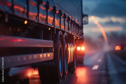 Description of shadowy big rig on blurred roadway with indistinct truck and trailer backdrop photo