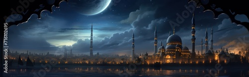 Domed mosque at night with moonlight, background illustration copy space Islamic holidays and the month of Ramadan.	 photo