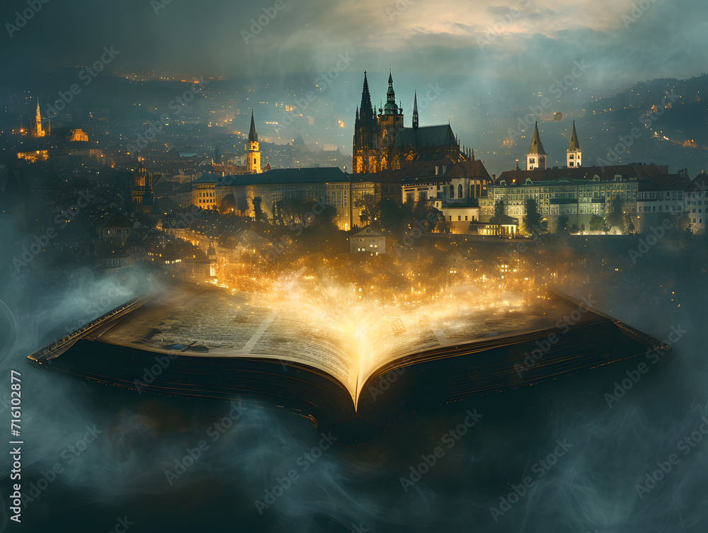 Old magic book with the image of Charles Bridge and Prague Castle with fog at night.