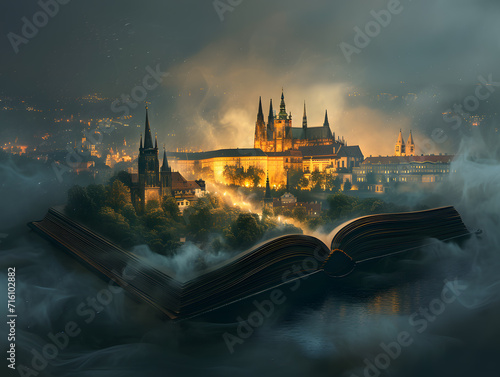 Old magic book with the image of Charles Bridge and Prague Castle with fog at night.