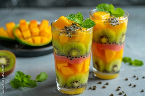 Exotic fruit summer dessert mango papaya passion fruit and kiwi jelly served in a glass