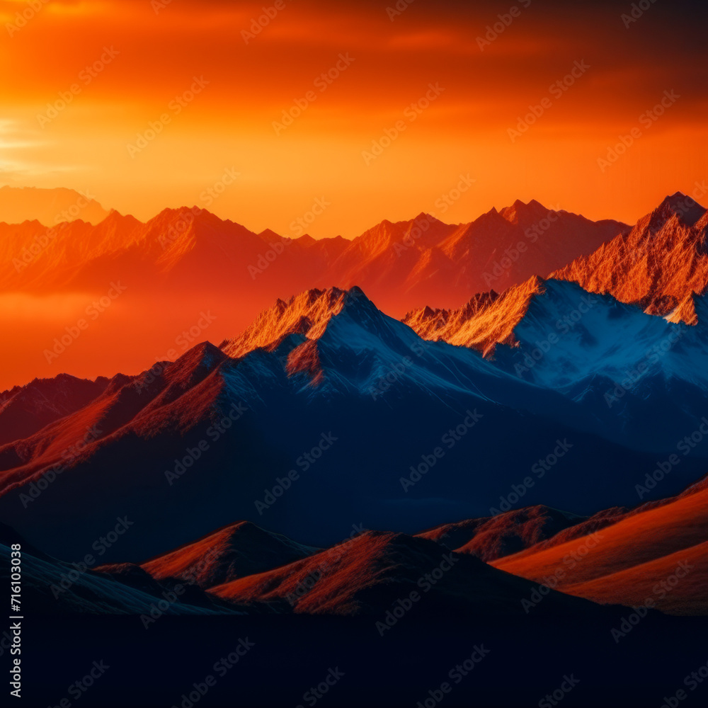 Sunset in the mountains , blanketed mountains meeting the fiery hues of dawn