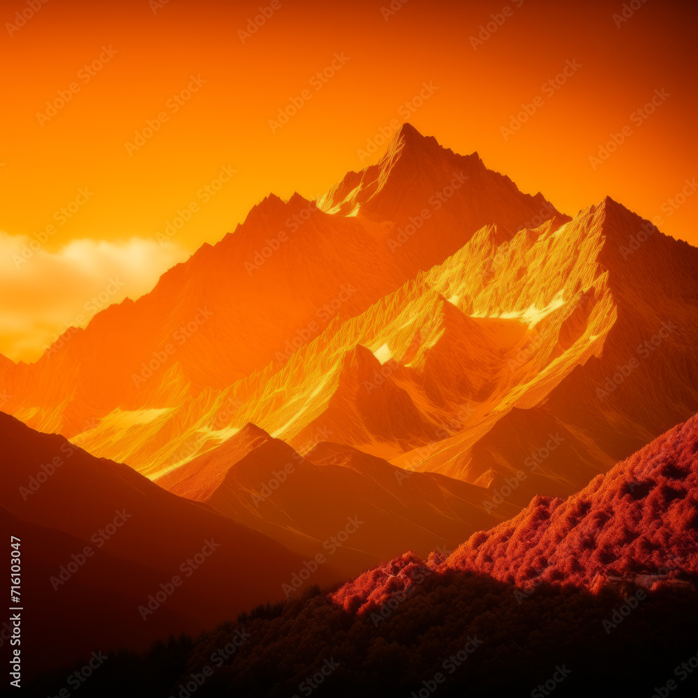 Sunrise in the mountains , early hours of a summer day, the snow on the mountains reflects the warm, orange glow of dawn